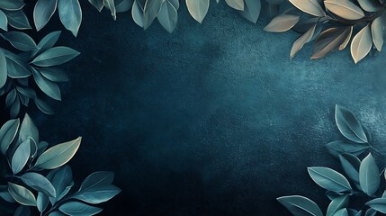 Dark Teal Background Framed by Lush Green Leaves