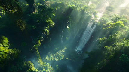 Hidden Waterfall in Lush Tropical Jungle: An Aerial View of Serene Nature