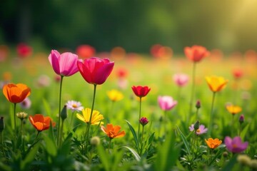 Naklejka premium Colorful flowers blooming in a field with green grass at the European Space Agency -ESA-, europa space agency, flower field