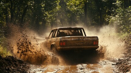 Truck Racing Through Muddy Trail Under Harsh Sunlight