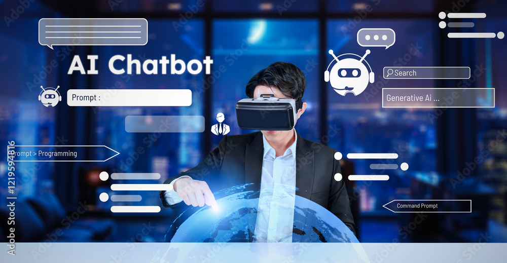 Poster business man with goggles working while using ai technology. project manager with formal suit checki