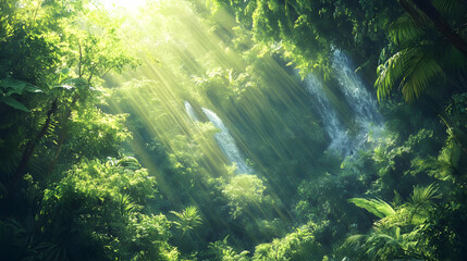 Sunbeams Through Lush Rainforest: Tropical Waterfall Scene