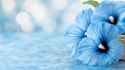  two blue hibiscus flowers in a basket on a blue background The flowers are vibrant and the basket is woven with a light brown color The background is slightly blu