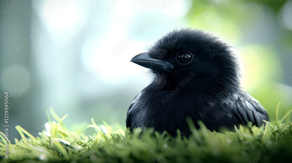 Poster  a small black bird sitting atop a lush green field, with a blurred background