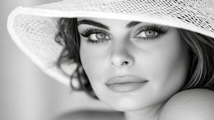  a woman wearing a white hat, with a blurred background The image is in black and white, giving it a timeless and classic feel