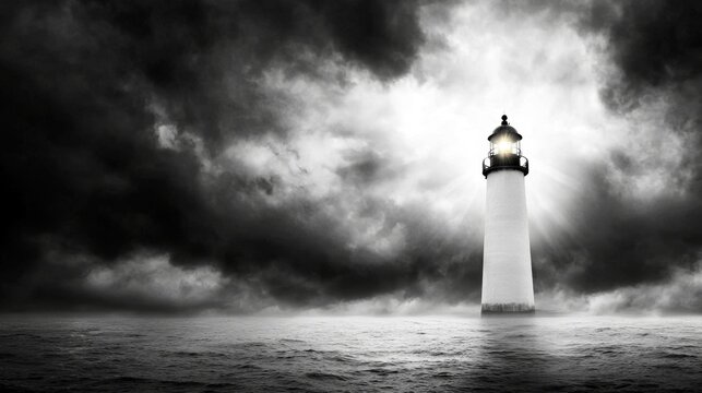  a black and white photo of a lighthouse in the middle of the ocean, surrounded by a cloudy sky The lighthouse stands tall and proud, with its light shining brightl