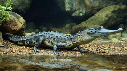 Obraz premium A tranquil image of a gharial resting on a riverbank with its long snout in the water