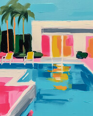 modern minimalist 1960s architectural contemporary painting of a Palm Springs home with umbrellas, chairs, pool, and palm trees using muted pastel colors. 