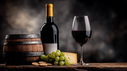 Obraz premium a wooden table with a bottle of red wine, a glass of wine, grapes, and cheese arranged on it The background is slightly blurred, giving the focus to the items on t