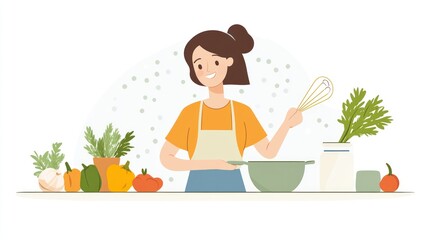Happy Woman Cooking Healthy Meal with Fresh Vegetables