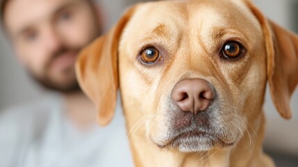 Obraz premium a man looking at a brown dog with a sad expression on his face The background is blurred, suggesting that the focus of the image is on the man and the dog