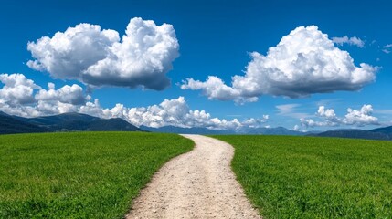 a dirt road winding through a lush green field, with hills in the background and clouds in the sky