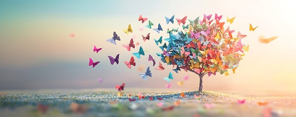 A whimsical tree made of vibrant butterflies, with some fluttering away, set in a serene field under a pastel-toned sky at sunrise or sunset.