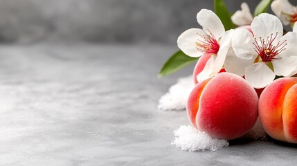  three peaches with white flowers on a gray background The peaches are a vibrant red color, while the flowers are a mix of white and pink The background is slightl