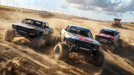 Trucks Racing on a Dirt Track Under Harsh Sunlight