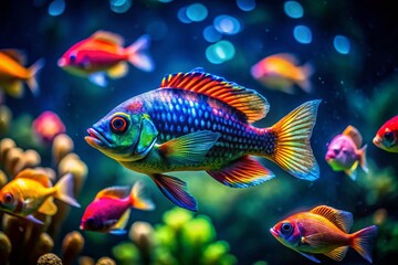 Fototapeta premium Vibrant Tropical Fish in Low Light Aquarium - Copy Space for Text
