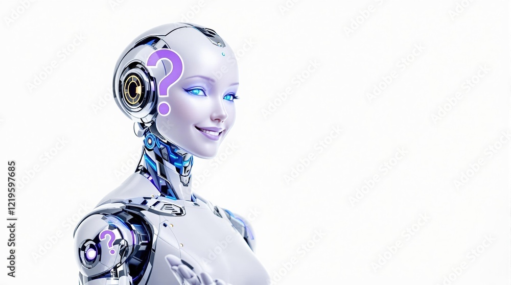 Poster futuristic robot with question marks on face and body in white background