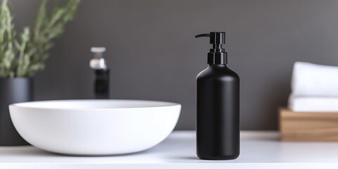 Minimal bathroom setup with black dispenser bottle and white sink. Bathroom cosmetics and spa concept. Product mockup. 