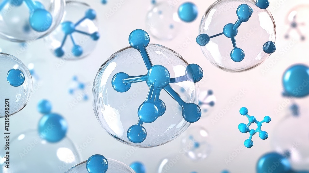 Poster blue molecular structures floating in bubbles with a soft background