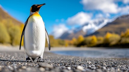 Fototapeta premium a king penguin standing on a rocky beach next to a body of water, surrounded by trees, mountains, and a clear blue sky