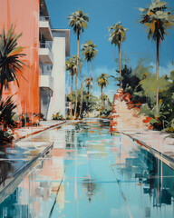 modern minimalist 1960s architectural contemporary painting of a Palm Springs home with umbrellas, chairs, pool, and palm trees using muted pastel colors. 