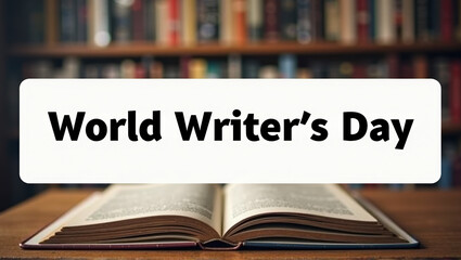 Stylish banner featuring the phrase 'World Writer's Day' against an open book backdrop, perfect for celebrating the craft of writing and literature.