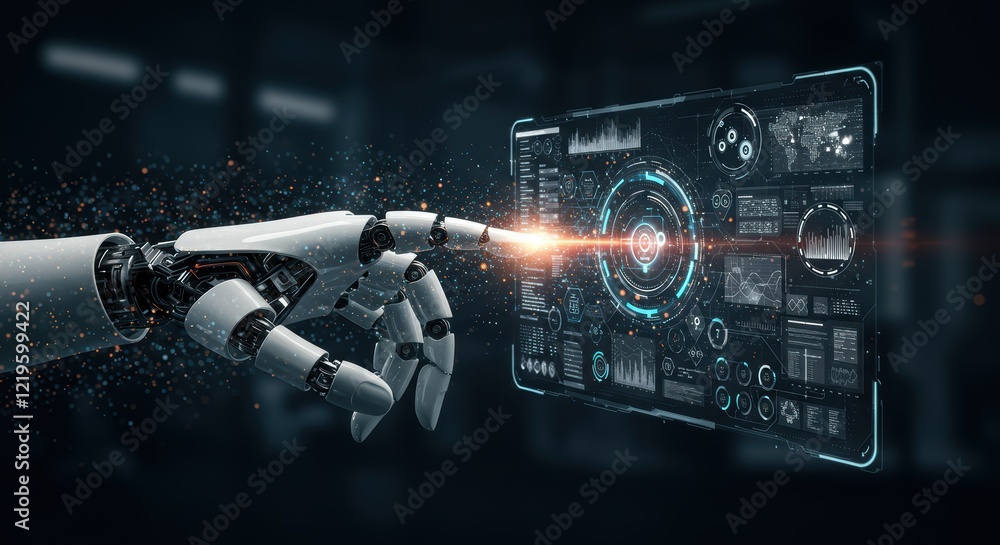 Poster futuristic robotic hand interacting with digital interface in high-tech environment