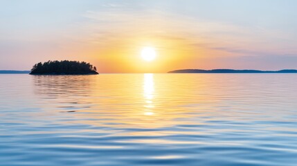 Naklejka premium a small island in the middle of a body of water, surrounded by lush green trees The sky is a beautiful mix of oranges, pinks, and purples, and the sun is setting i