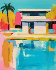 modern minimalist 1960s architectural contemporary painting of a Palm Springs home with umbrellas, chairs, pool, and palm trees using muted pastel colors. 