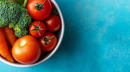  a bowl filled with a variety of vegetables, including broccoli, tomatoes, and carrots, on top of a blue table