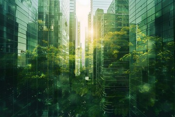 Obraz premium Reflection in windows of modern office building in Shanghai, China.