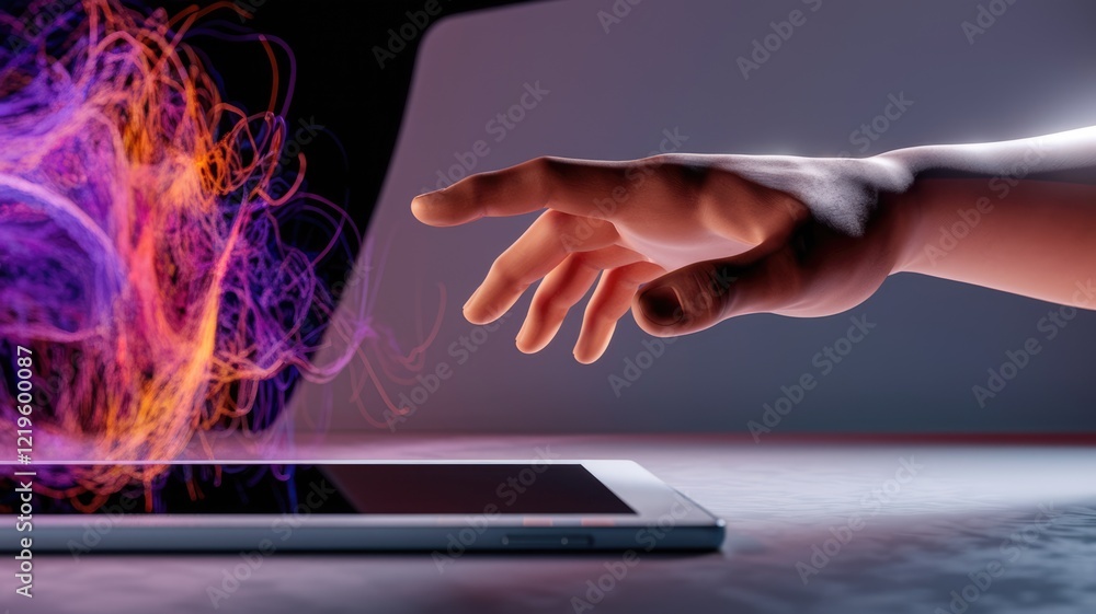 Poster a hand reaches out to interact with vibrant, abstract energy emanating from a tablet screen.