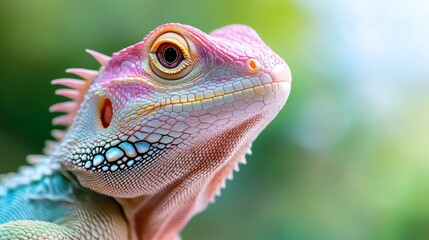 Fototapeta premium a close up of a colorful lizard on a green background The lizard is in focus while the background is slightly blurred, giving the image a dreamy feel