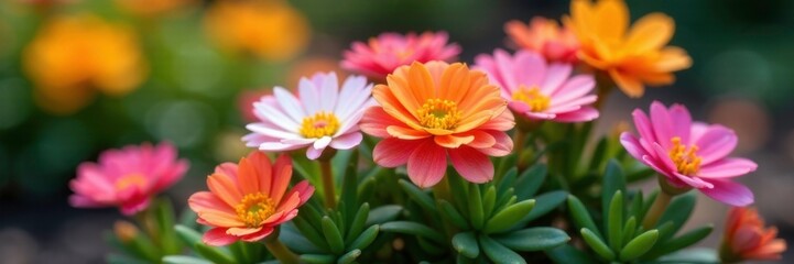 Colorful flowers blooming on a small shrub-like succulent, color, evergreen, shrubby