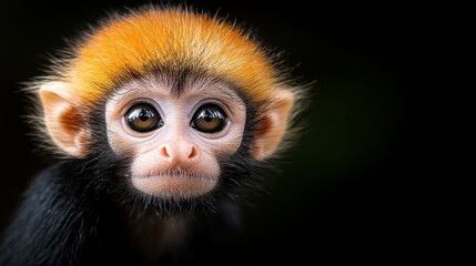 Fototapeta premium a close up of a small monkey with an orange and black fur, set against a black background