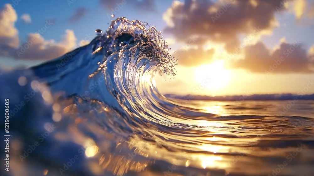 Poster  a large wave breaking in the ocean at sunset, with the sky in the background filled with clouds The resolution of the image is 1920x1080