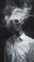 An eerie portrait of an anthropomorphic figure with swirling smoke and ash in place of their head, the figure's face obscured by dark shadows
