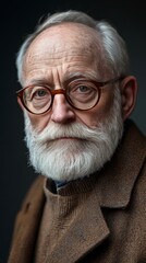 Captivating portrait of a mature man with glasses and a white beard in calm indoor setting