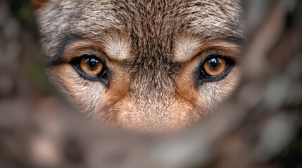  a close up of a wolf's face peeking out from behind a fence, with its brown, black and cream fur standing out against the blurred background