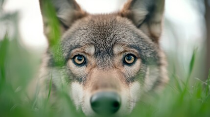 Fototapeta premium a close up of a wolf's face in the grass, with its brown, black and white fur standing out against the blurred background