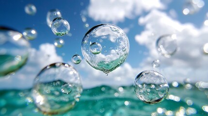  soap bubbles floating in the air against a backdrop of a blue sky with white fluffy clouds The resolution of the image is 1920x1200