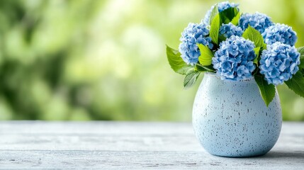  a blue vase filled with blue hydrangeas on top of a wooden table, with a blurred background