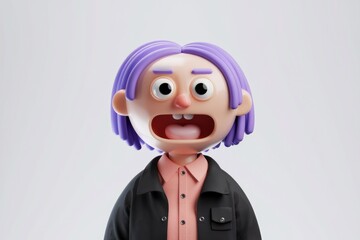 A 3D-rendered cartoon character with purple hair, wearing a black jacket and pink shirt, expresses surprise.