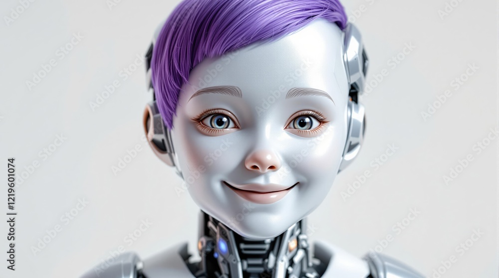 Poster smiling futuristic robot with purple hair showcasing advanced ai design and friendly expression