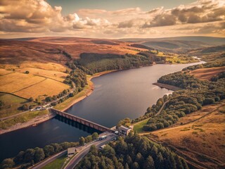 Vintage Aerial Drone Shot: Holmfirth Reservoir, Peak District National Park, England