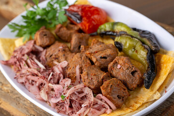 Traditional delicious Turkish foods; Lamb skewers (Turkish name; cop sis)