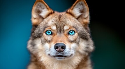 Fototapeta premium a brown and black dog with blue eyes looking directly at the camera against a blurred background