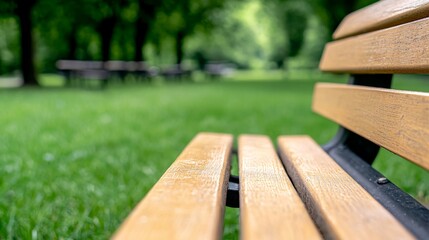 Fototapeta premium a wooden park bench sitting in the middle of a lush green field, surrounded by trees in the background