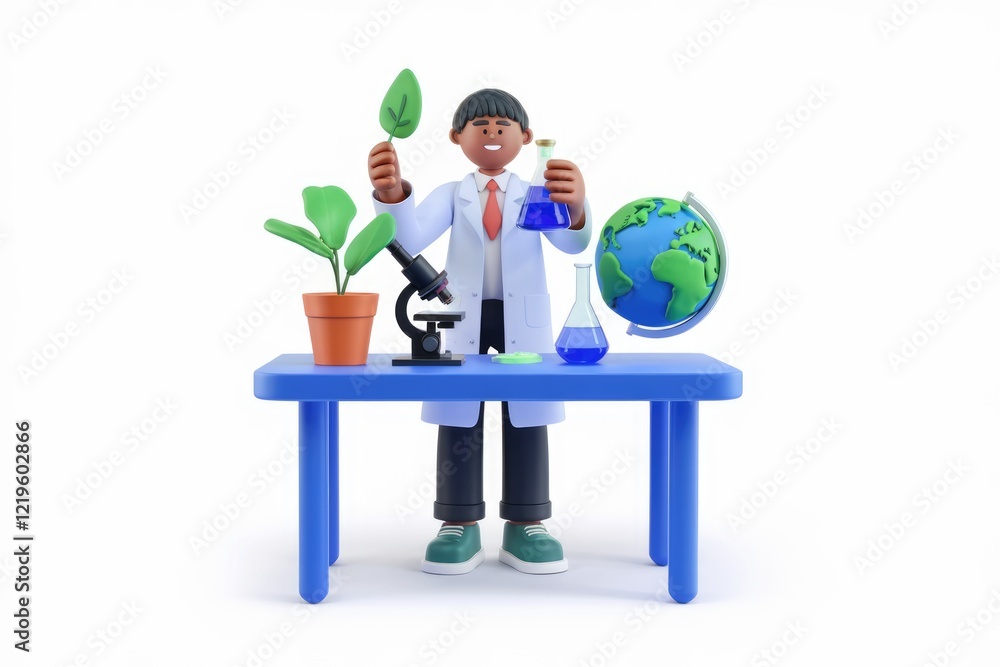 Poster a 3d cartoon scientist studies plants and conducts experiments related to the earth's ecosystem.