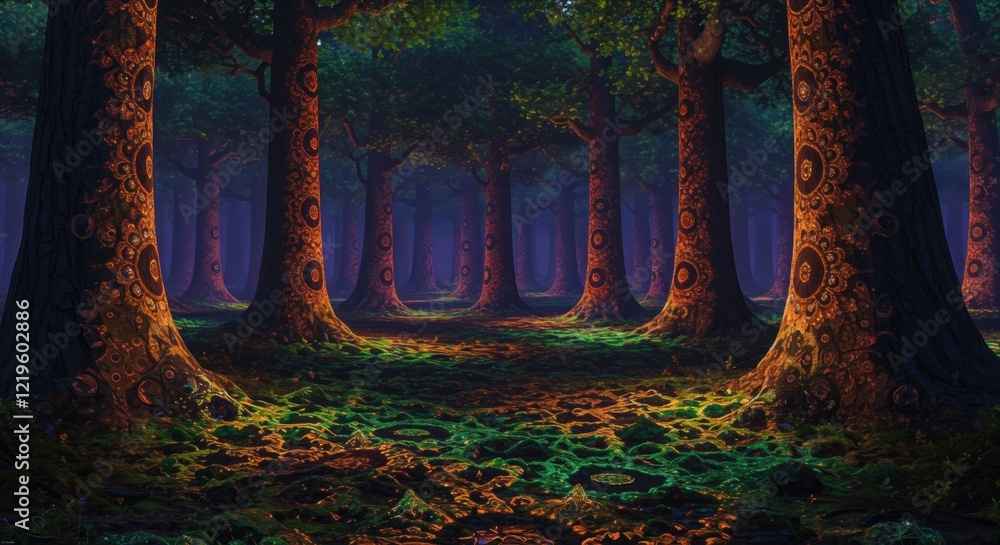 Poster mystical forest with patterns illuminated by enchanting sunlight